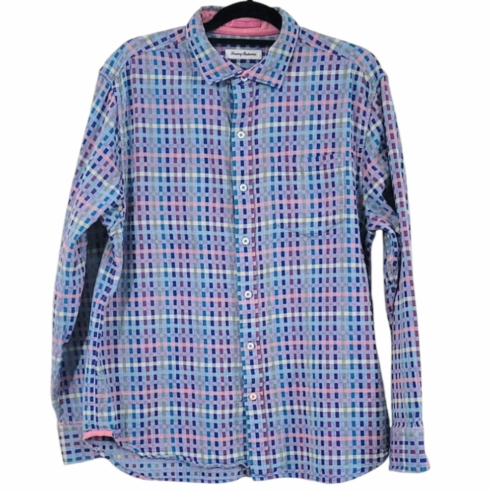 Tommy Bahama Mens silk blend long sleeve button up checkered top Size L